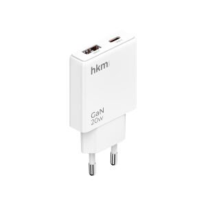 hkm tech EXTRA SLIM GaN 20W USB-A ve Type-C Çift Portlu Ultra İnce ve Hızlı Şarj Aleti