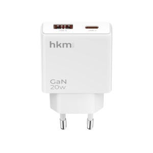 hkm tech EXTRA SLIM GaN 20W USB-A ve Type-C Çift Portlu Ultra İnce ve Hızlı Şarj Aleti