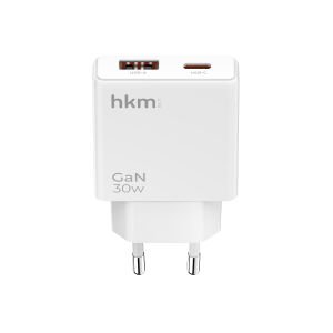 hkm tech EXTRA SLIM GaN 30W USB-A ve Type-C Çift Portlu Ultra İnce ve Hızlı Şarj Aleti
